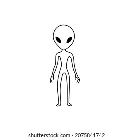 Vector isolated tall thin alien in full growth contour line drawing. Doodle alien with big eyes outline sketch. 