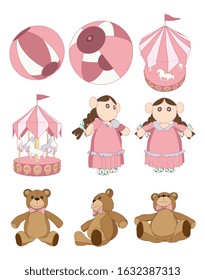 Vector Isolated Teddy Bear, Fabric Doll, Carousel And Ball Set