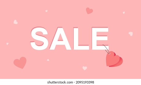 Vector isolated template of Valentine's day Sale banner. 4K pink background with a valentine and different hearts. 14 february, holiday, ad, web. Romantic colors. Discount, sales