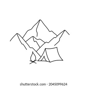 Vector isolated tent and campfire in the mountains contour line drawing. Colorless black and white black line silhouette mountains graphic sketch, travelling tattoo, minimalism poster