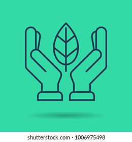 Vector isolated thin line icon of hands with leaf on green background. Linear web pictogram of planer human care