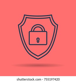 Vector isolated thin line icon of internet shield with lock on red background