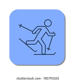 Vector isolated thin line icon of the running skier on blue background. Linear web winter pictogram