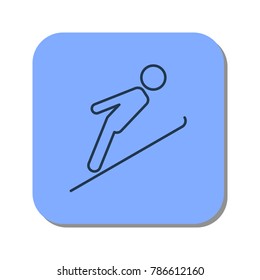 Vector isolated thin line icon of skier jumping from a springboard on blue background. Linear web winter pictogram