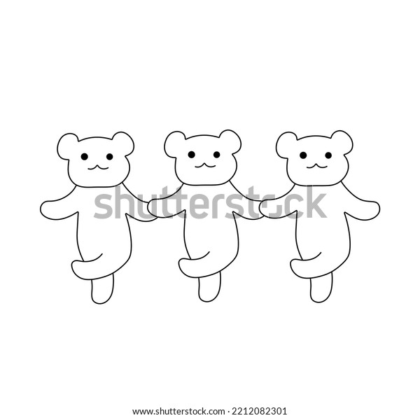 Vector isolated\
three bears holding paws dancing cancan dance  colorless black and\
white contour line easy\
drawing