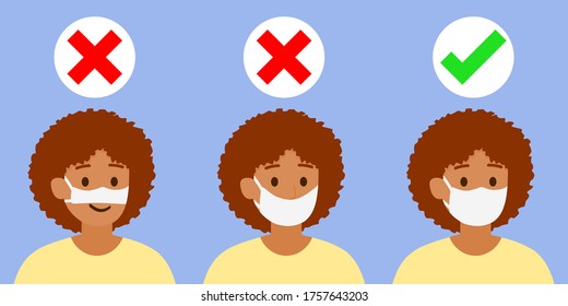 Vector isolated three black women are showing how to wearing a medical mask correctly, the first and the second are wrong, the third is right way to avoiding air pollution and COVID-19, illustration