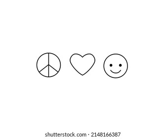 Vector isolated three cute message symbols set. Peace, love, smile hippie colorless black and white symbols