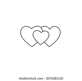 Vector isolated three hearts superimposed on each other contour line drawing. Colorless three family hearts icon, logotype, symbol