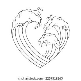 Vector isolated three high waves heart shape colorless black   white contour line easy drawing