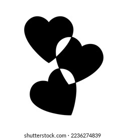 Vector isolated three intersecting hearts colorless black and white contour silhouette shadow shape stencil