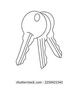 Vector isolated three metal door keys one behind other colorless black   white contour line easy drawing