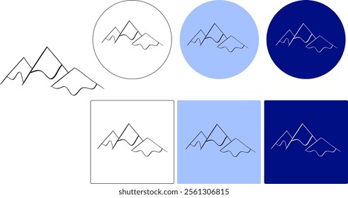 Vetor isolou três picos de montanha contorno preto linha desenho. Logotipo de linha gráfica vetorial com picos de montanha tatuagem, impressão, padrão, elemento de pôster
