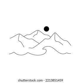 Vector isolated three mountains sun   wave colorless black   white contour line easy drawing