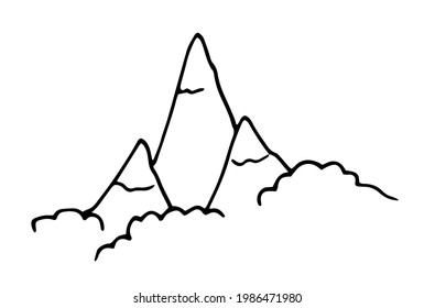 Vector isolated three peaks of a mountain with ice at the top, and a wavy line at the bottom of a forest or clouds drawn by hand with a black line on a white background. mountain peaks bottom view sim