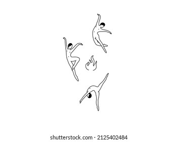 Vector isolated three people dancing around a fire colorless black and white contour line drawing
