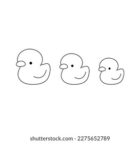 Vector isolated three rubber ducks toys family father mother baby in row colorless black   white contour line easy drawing