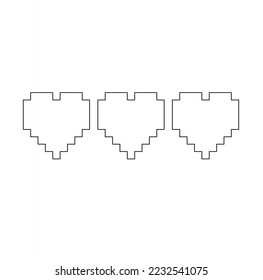 Vector isolated three simple minimal geometric pixel hearts shape colorless black and white closed line contour stencil template for cutting