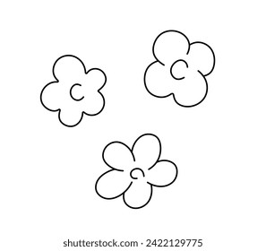 Vector isolated three trio simplest doodle flowers with petals chamomile colorless black and white contour line easy drawing	
