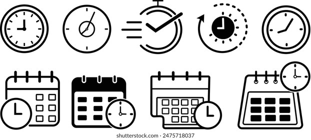 Vector Isolated Time and clock line icons. Set of vector linear icons. Calendar and Time - Illustration Icons .clock icons.