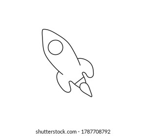Vector isolated tiny small simple rocket drawing. Minimal icon logotype contour colorless spaceship.