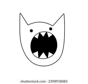 Vector aislado de cabeza de gato toothy con boca abierta y colmillos de fieltro incoloro línea de contorno blanco y negro fácil dibujo