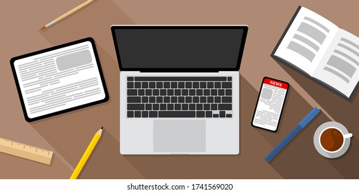 Vector isolated top view of a computer notebook, a tablet, a cellphone, a stationeries, a cup of coffee and a book on the table, work from home or anywhere concept, stay home, new normal, illustration