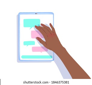 Vector isolated top view illustration of african american hand working with tablet.