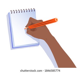 Vector Isolated Top View Illustration Of African American Hand Writing In Notebook With Pencil.