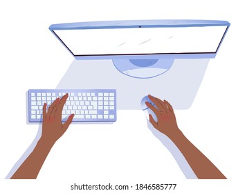 Vector isolated top view illustration of african american hands working with desktop computer.