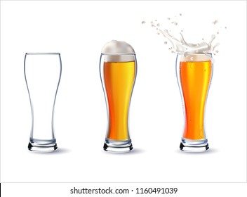 Vector Isolated Transparent Glass for Beer with drops. Vector Glasses with Beer, Foam Splash, hops.
Empty transparent glass and a full glass of beer.Label, sticker, logo, leaflet for sale of beer.
