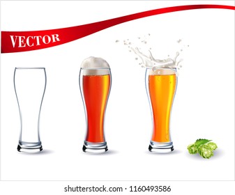 Vector Isolated Transparent Glass for Beer with drops. Vector Glasses with Beer, Foam Splash, hops.
Empty transparent glass and a full glass of beer.