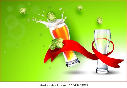 Vector Isolated Transparent Glass for Beer with drops. Vector Glasses with Beer, Foam Splash, hops.
Empty transparent glass and a full glass of beer.