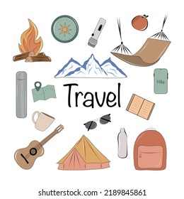 Colección de viajes aislados por vectores. Montañas y fuego. Hamaca y guitarra. Tienda de campaña y mochila. Ilustración plana colorida para su creatividad.