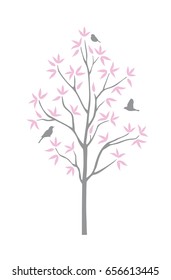 Vector isolated tree silhouette with birds for wall decal