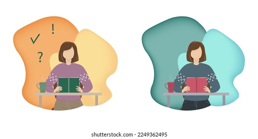 Vector isolated trendy illustrations with two girls that are reading a book while sitting at the table with a mug.