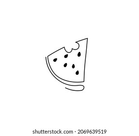 Vector isolated triangular bitten piece of watermelon with seeds. Watermelon piece colorless line contour drawing