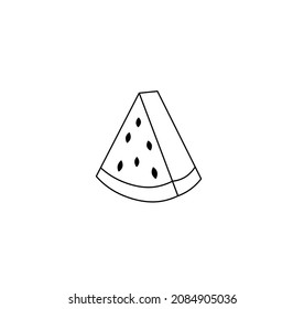 Vector isolated triangular bitten piece of watermelon with seeds. Watermelon piece colorless line contour drawn icon logotype symbol