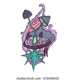 Vector isolated trippy illustration. Mushrooms and weed. Cartoon psychedelic hand drawn art.