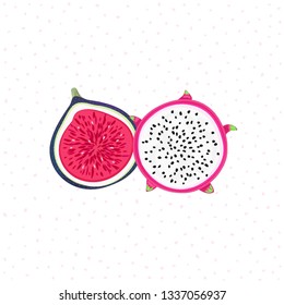 Vector isolated tropical fruits. Pitahaya or pitaya, fig. Creative artistic style. It can be use for card, invitation, postcard, cover, banner, print on clothes, home decor, label, package design