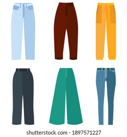 vector, isolated, trousers, pants in flat style, set