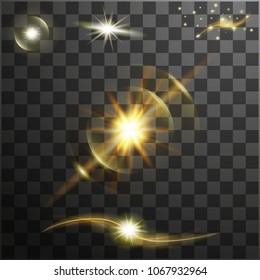 Vector isolated twinkling star. Light flash with lens flare effect of glittering sun. Solar space burst. Starlight beam and sparkling ray on transparent background