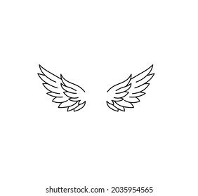 Vector isolated two angel wings or two bird wings contour drawing. Small wings line tattoo or print or pattern or poster element