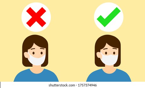 Vector isolated two beautiful women are showing how to wearing a medical mask correctly, the first is wrong, the second is right way to avoiding air pollution and COVID-19, illustration