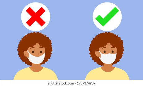 Vector isolated two black women are showing how to wearing a medical mask correctly, the first is wrong, the second is right way to avoiding air pollution and COVID-19, illustration