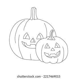 Vector isolated two carved halloween smiling pumpkins big and small colorless black and white contour line easy drawing