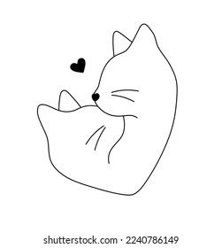 Vector isolated two cat heads in heart shape symbol colorless black   white contour line easy drawing