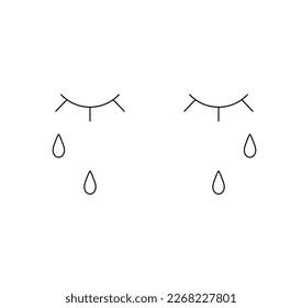 Vector isolated two closed crying eyes with tears stick figure colorless black and white contour line easy drawing