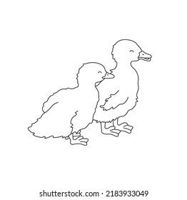 Vector isolated two cute cartoon ducklings colorless black and white contour line doodle drawing