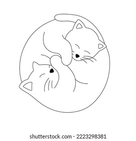 Vector isolated two cute cartoon cats sleeping in yin yang shape  colorless black and white contour line easy drawing