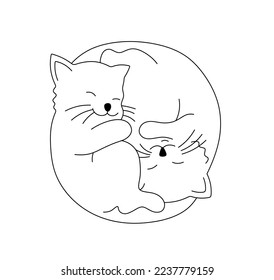 Vector isolated two cute cartoon sleeping cats kittens in ying yang pose colorless black and white contour line easy drawing